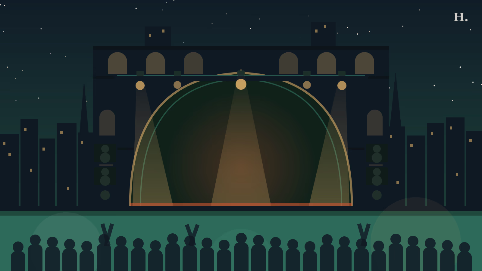 713 Music Hall Houston illustration: concert hall proscenium arch with spotlights and crowd silhouettes inside the historic POST Houston building