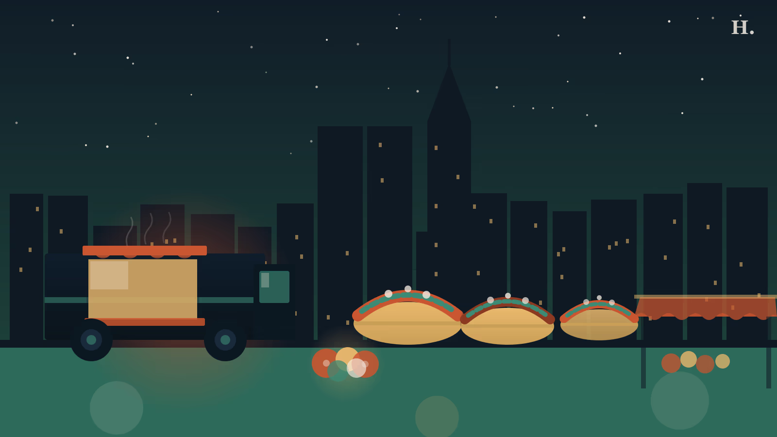 Airline Drive Houston taco truck and market stalls at night with Houston skyline silhouette and taco shapes in foreground
