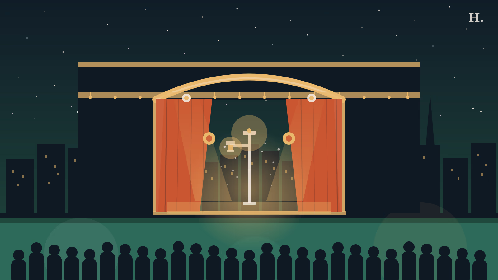 Alley Theatre Houston illustration: stage proscenium arch with red curtains, spotlight beams and a lamppost against a night sky