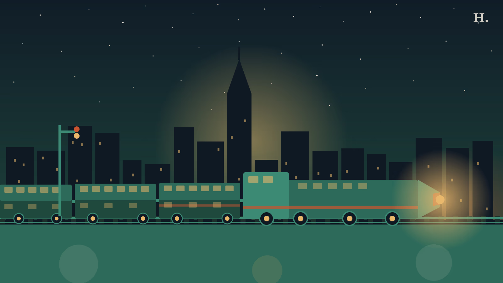 Sunset Limited Amtrak train passing the Houston skyline at night, gold headlight glowing eastbound