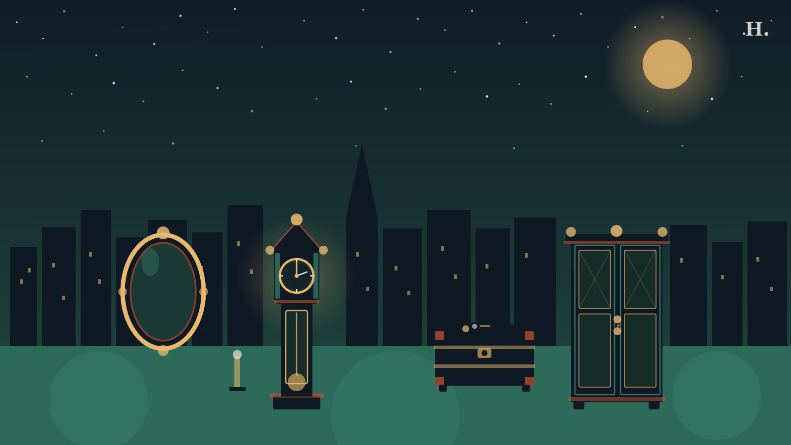 Antique stores in Houston illustration: grandfather clock and ornate cabinet against the Houston night skyline