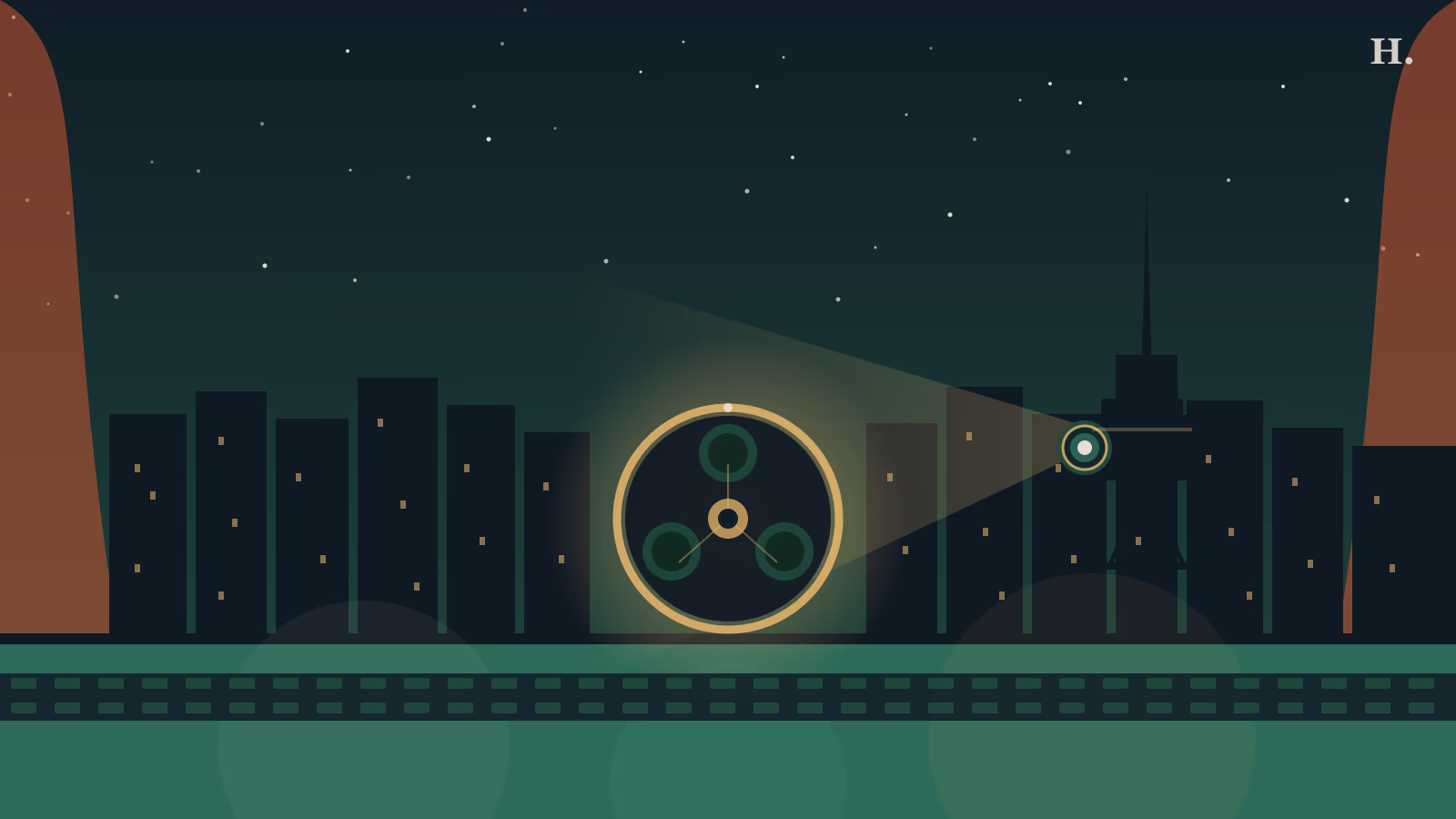 Art house movie theater Houston illustration: vintage film reel and projector beam over the night skyline