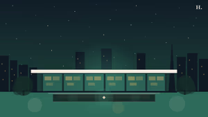 Asia Society Houston museum night illustration with reflecting pool and modernist canopy silhouette
