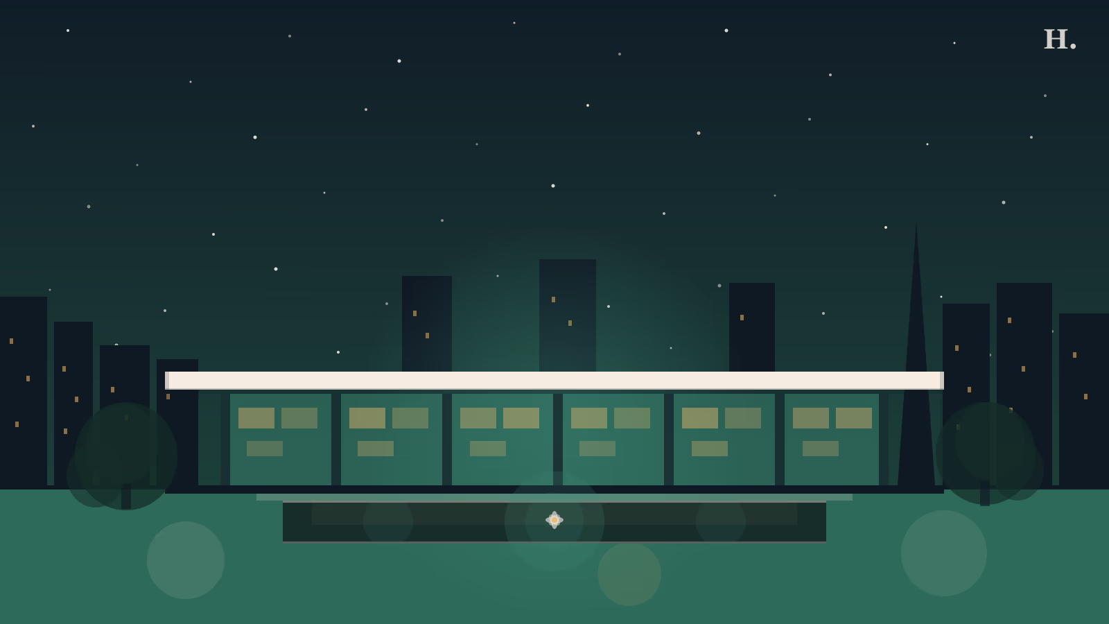 Asia Society Houston museum night illustration with reflecting pool and modernist canopy silhouette