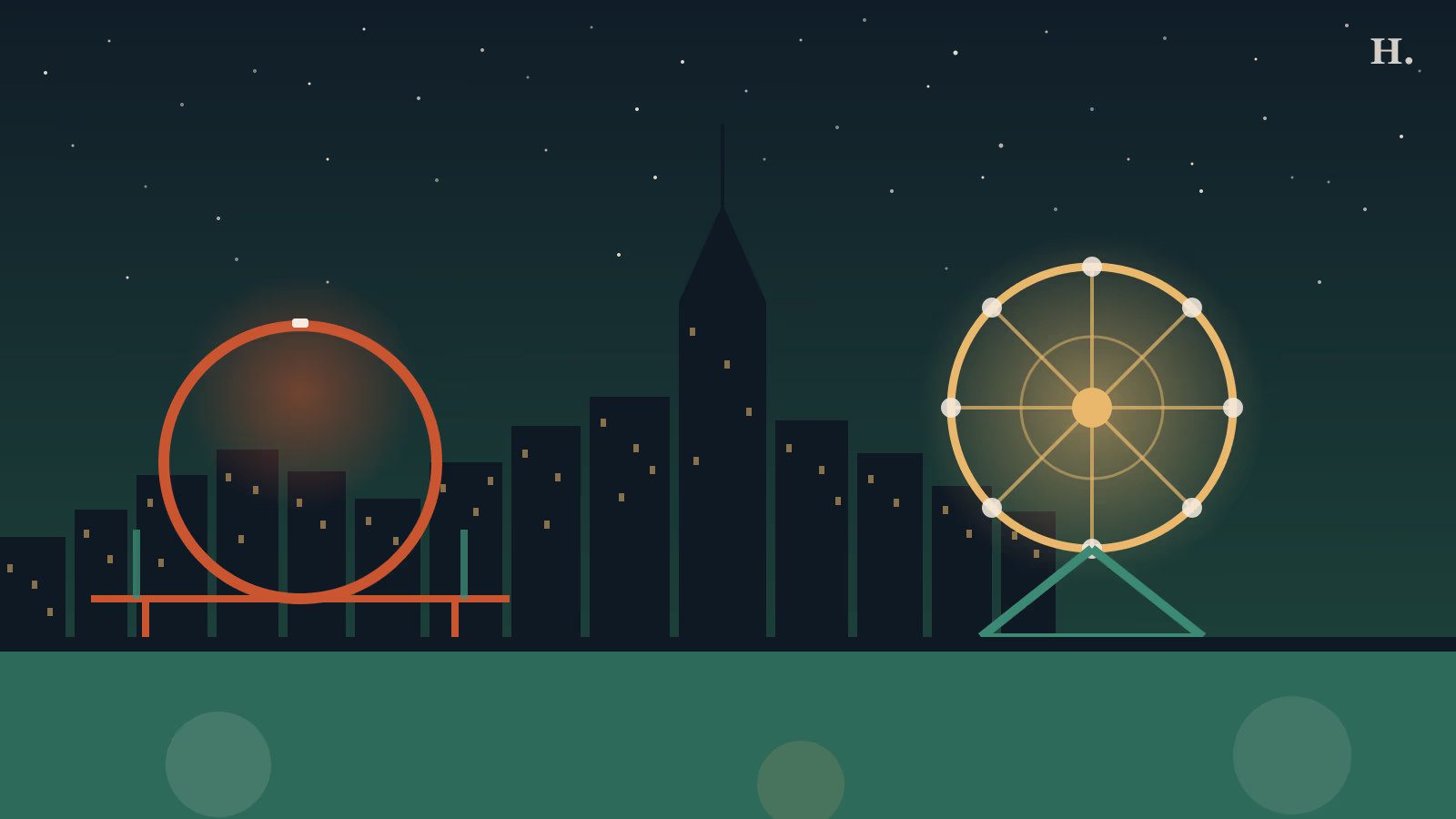 AstroWorld Houston history: Ferris wheel and roller coaster loop against a night city skyline illustration
