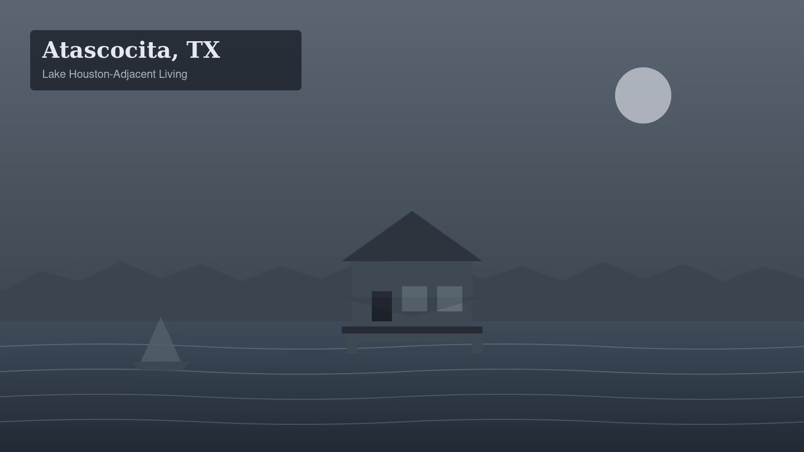 Stylized illustration of a traditional home on Lake Houston in Atascocita, TX at dusk