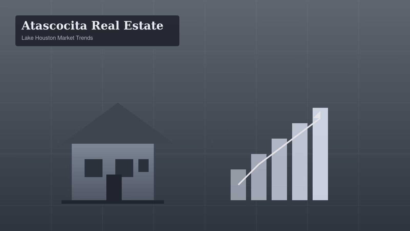 Gray illustration of a suburban home and a rising chart representing Atascocita real estate trends
