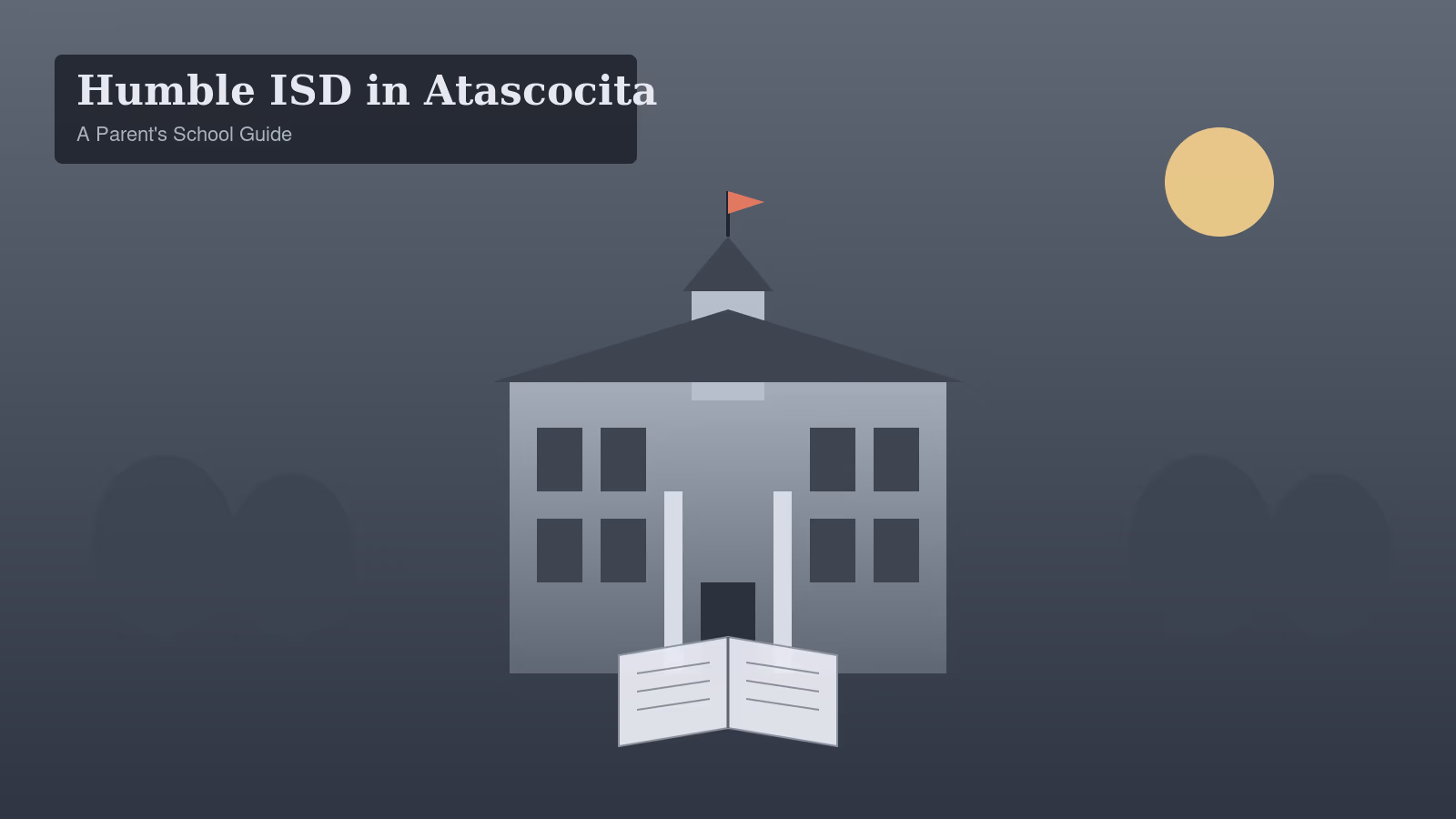 Gray illustration of a schoolhouse and open book representing Humble ISD schools in Atascocita TX