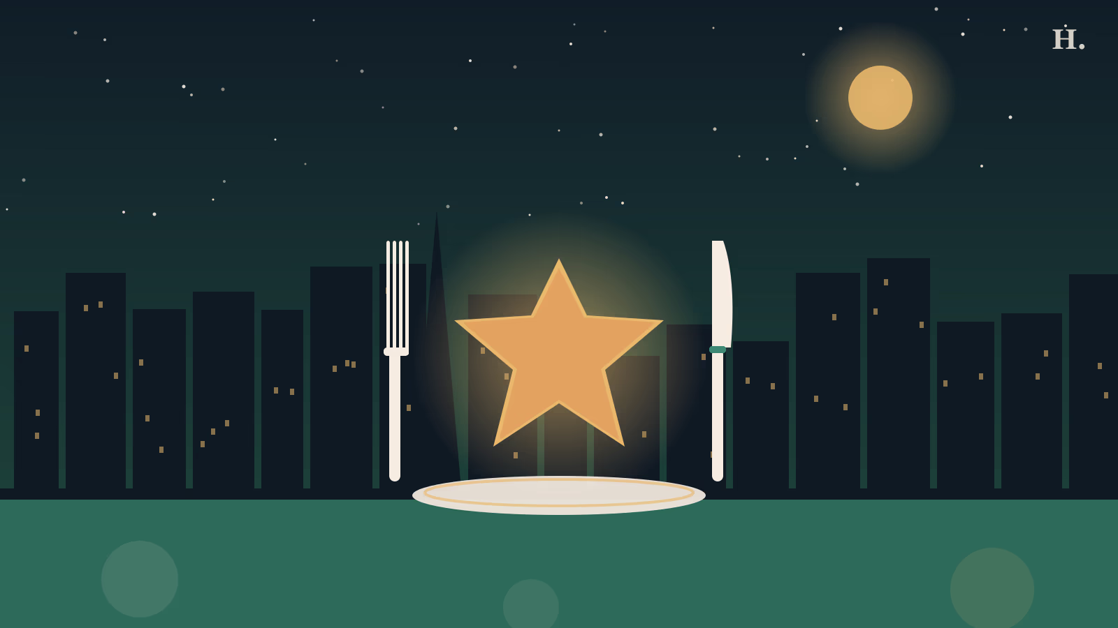 Gold Michelin star above the Houston skyline at night flanked by fork and knife