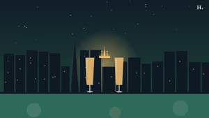 Bachelorette party in Houston illustration with two champagne flutes, a tiara and the downtown skyline at night