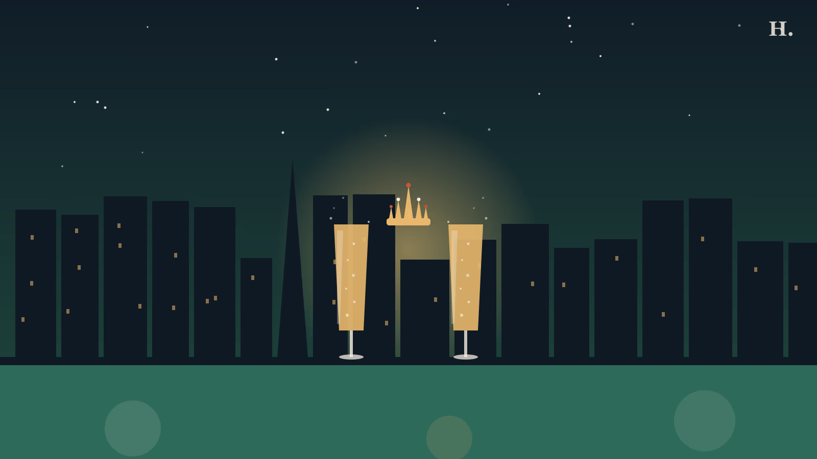 Bachelorette party in Houston illustration with two champagne flutes, a tiara and the downtown skyline at night