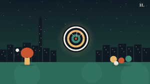 Houston night skyline with dart board, ping pong paddle and bocce balls in the foreground