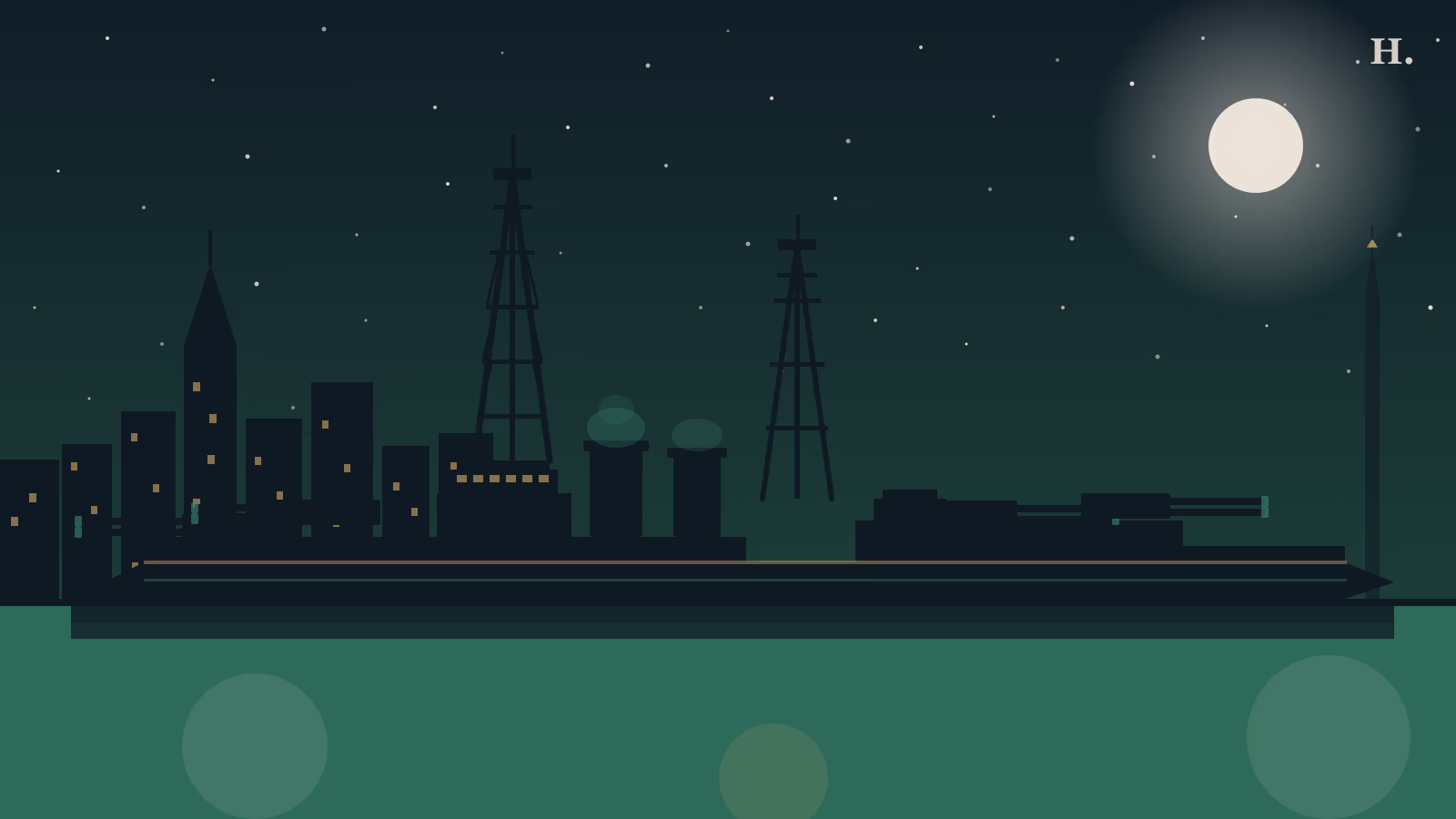 Battleship Texas dreadnought cage masts and gun turrets silhouetted against Houston night sky
