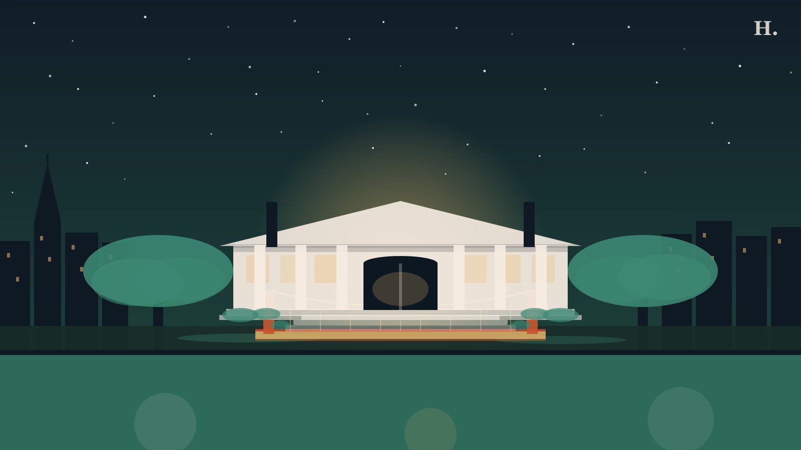 Bayou Bend colonial mansion and suspension footbridge over Buffalo Bayou at night, garden illustration