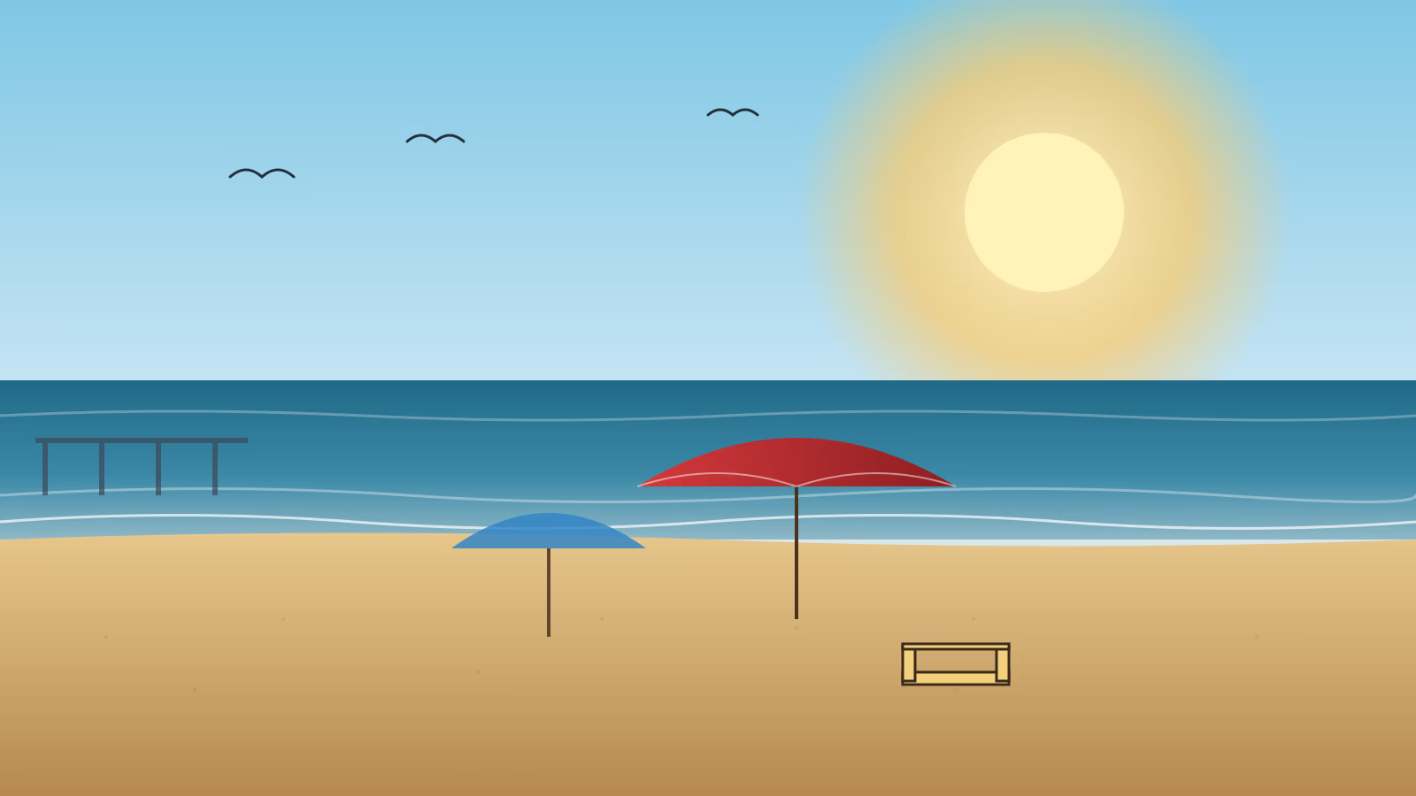 Galveston beach umbrella chair and gulf waves with sun illustration for the beaches near Houston guide