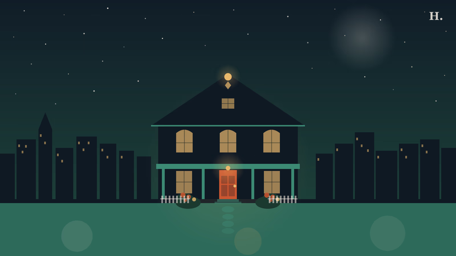 Bed and breakfast Houston illustration: Victorian inn with arched windows, porch columns, rose garden and night skyline