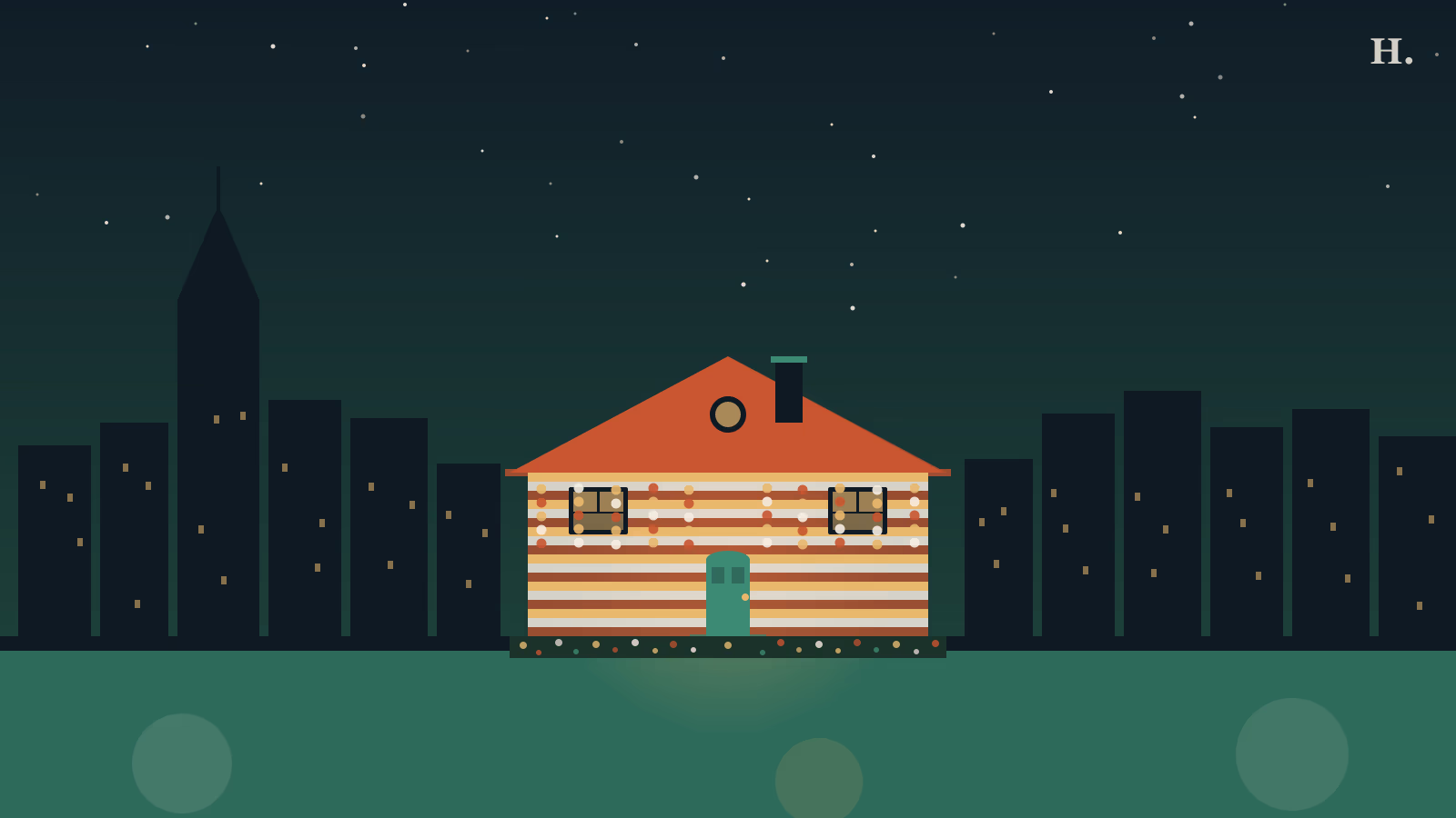 Beer Can House Houston illustration: bungalow covered in beer can siding with garland chains hanging from eaves against a night sky