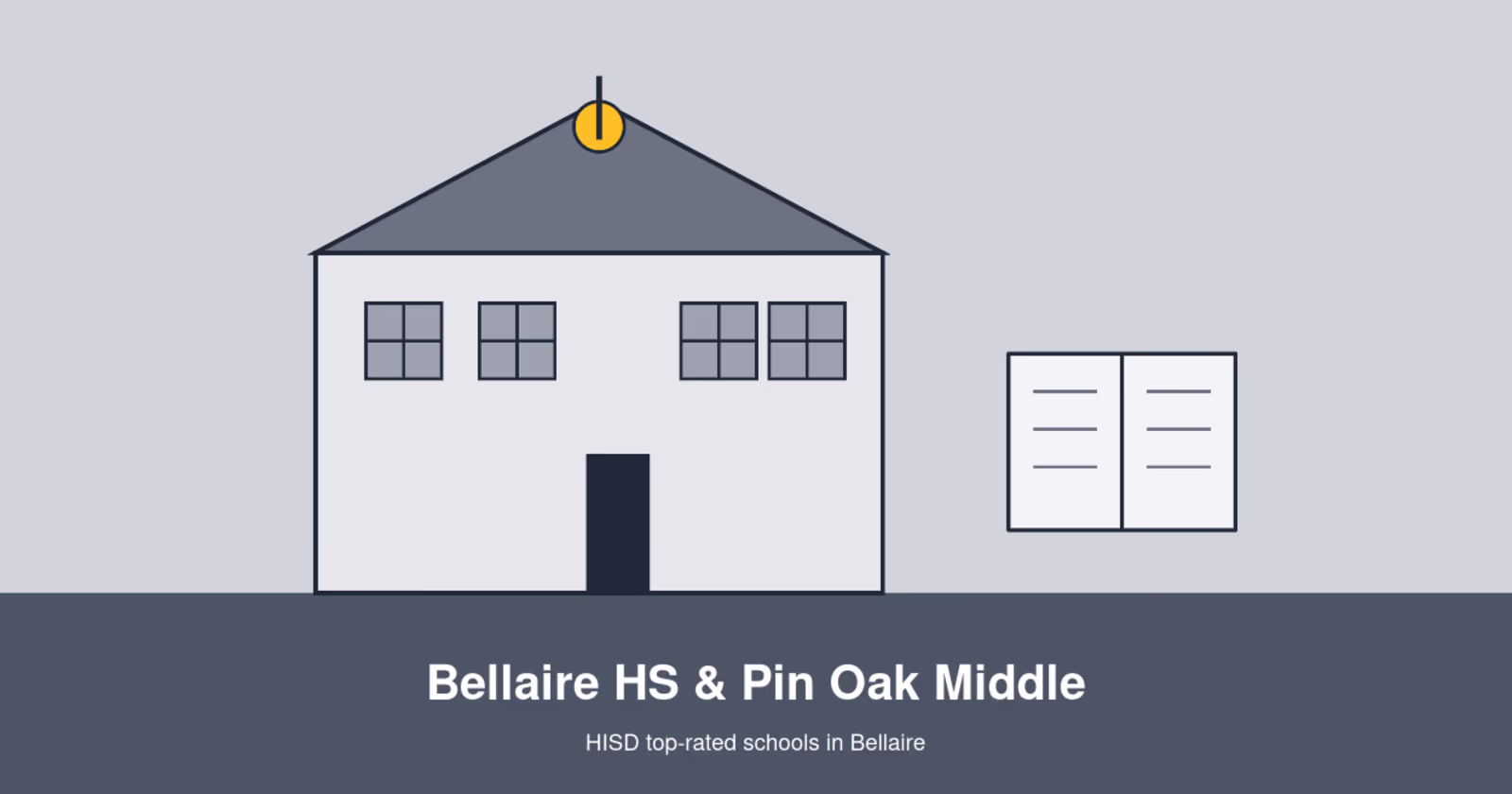 Illustration of a Bellaire schoolhouse and book for Bellaire HS and Pin Oak Middle