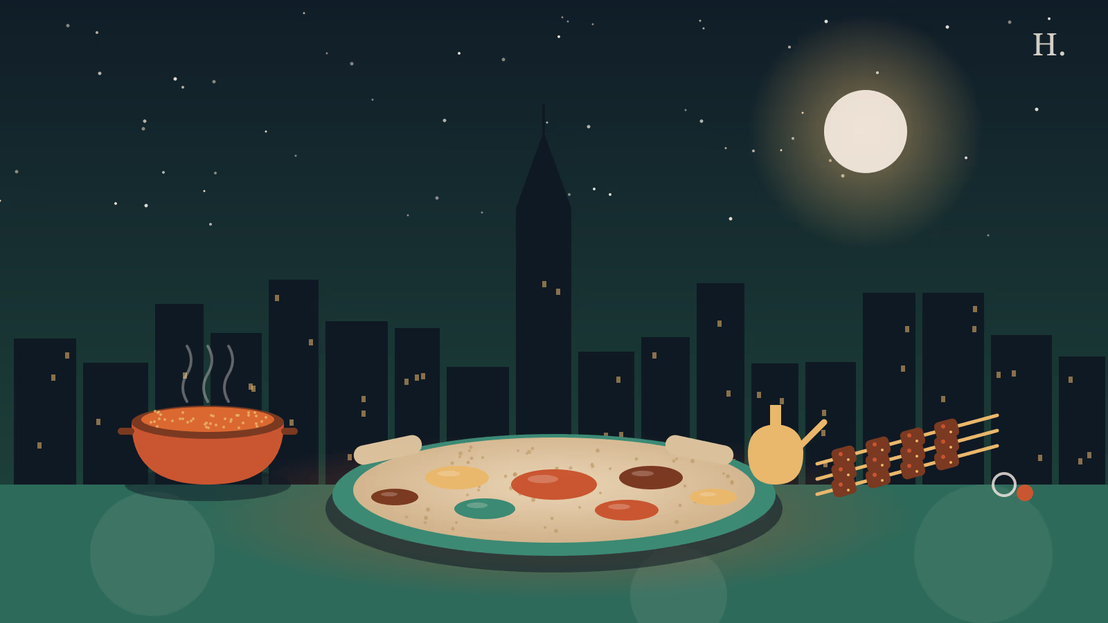 African restaurants Houston illustration: shared injera platter, jollof pot and suya skewers under the skyline