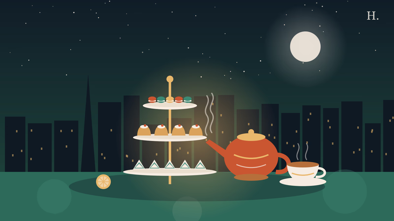 High tea Houston illustration: tiered cake stand, teapot and teacup before the night skyline