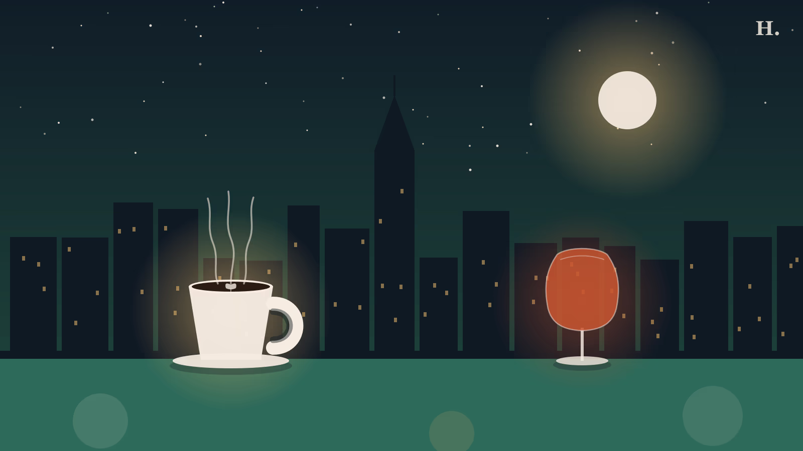 All-day cafes in Houston illustration: steaming coffee cup and wine glass against the night skyline