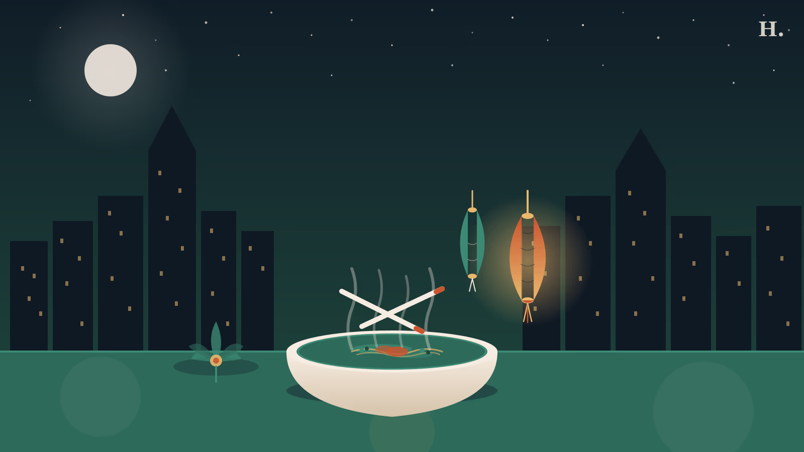 Asian restaurants Cypress TX: pho bowl with chopsticks and lanterns against Houston night sky