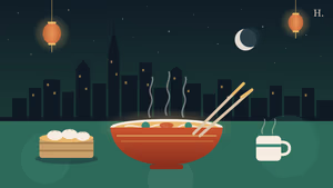 Asian restaurants Galleria and Uptown illustration: noodle bowl, dumpling steamer and lanterns over Houston skyline