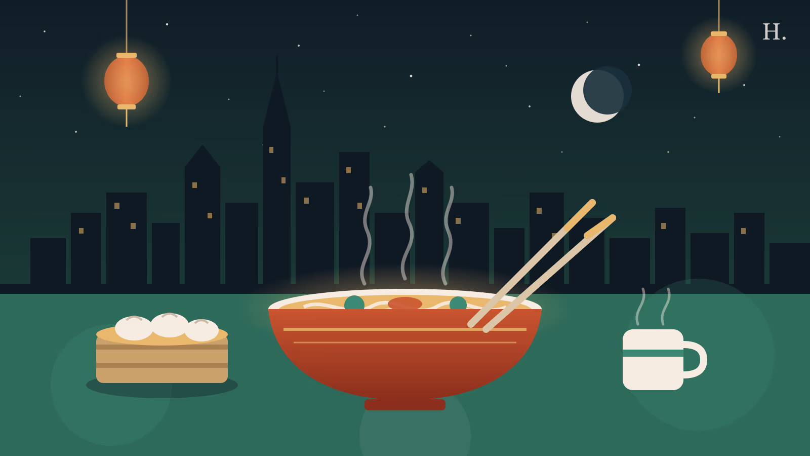 Asian restaurants Galleria and Uptown illustration: noodle bowl, dumpling steamer and lanterns over Houston skyline