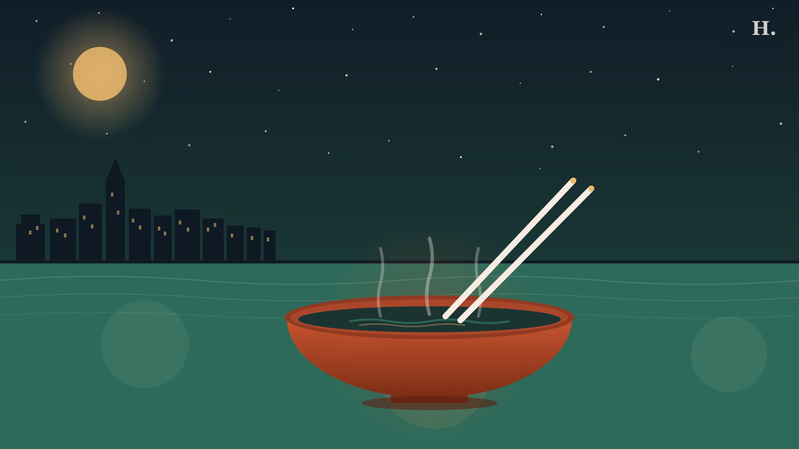 Bowl of pho with chopsticks against a Galveston island night skyline, asian restaurants galveston