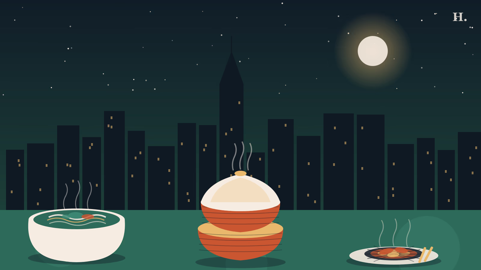 Best Asian restaurants in Katy TX: pho bowl, dim sum steamer baskets, and Korean BBQ grill against a Houston night skyline