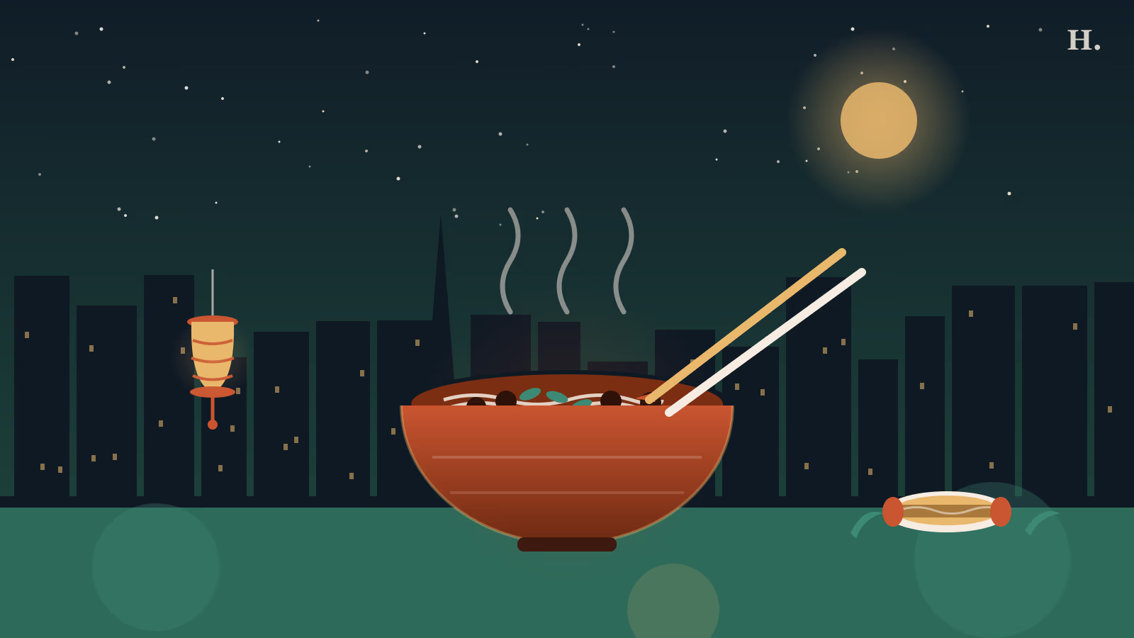 Asian restaurants in Pearland TX: a steaming pho bowl with chopsticks and a paper lantern against the Houston night skyline