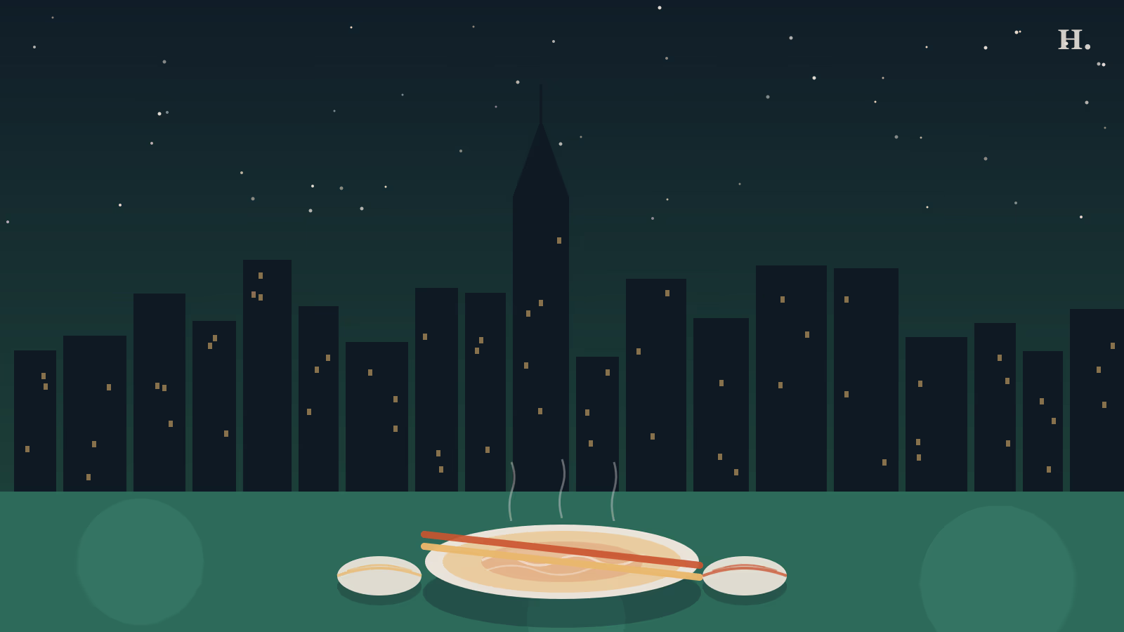 Asian restaurants Sugar Land illustration: steaming pho bowl with chopsticks, Houston skyline at night