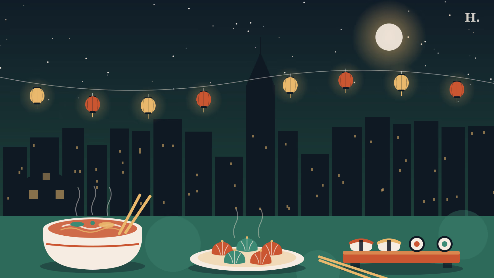 Illustration of a pho bowl, Thai dumplings and sushi for Asian restaurants in the Heights
