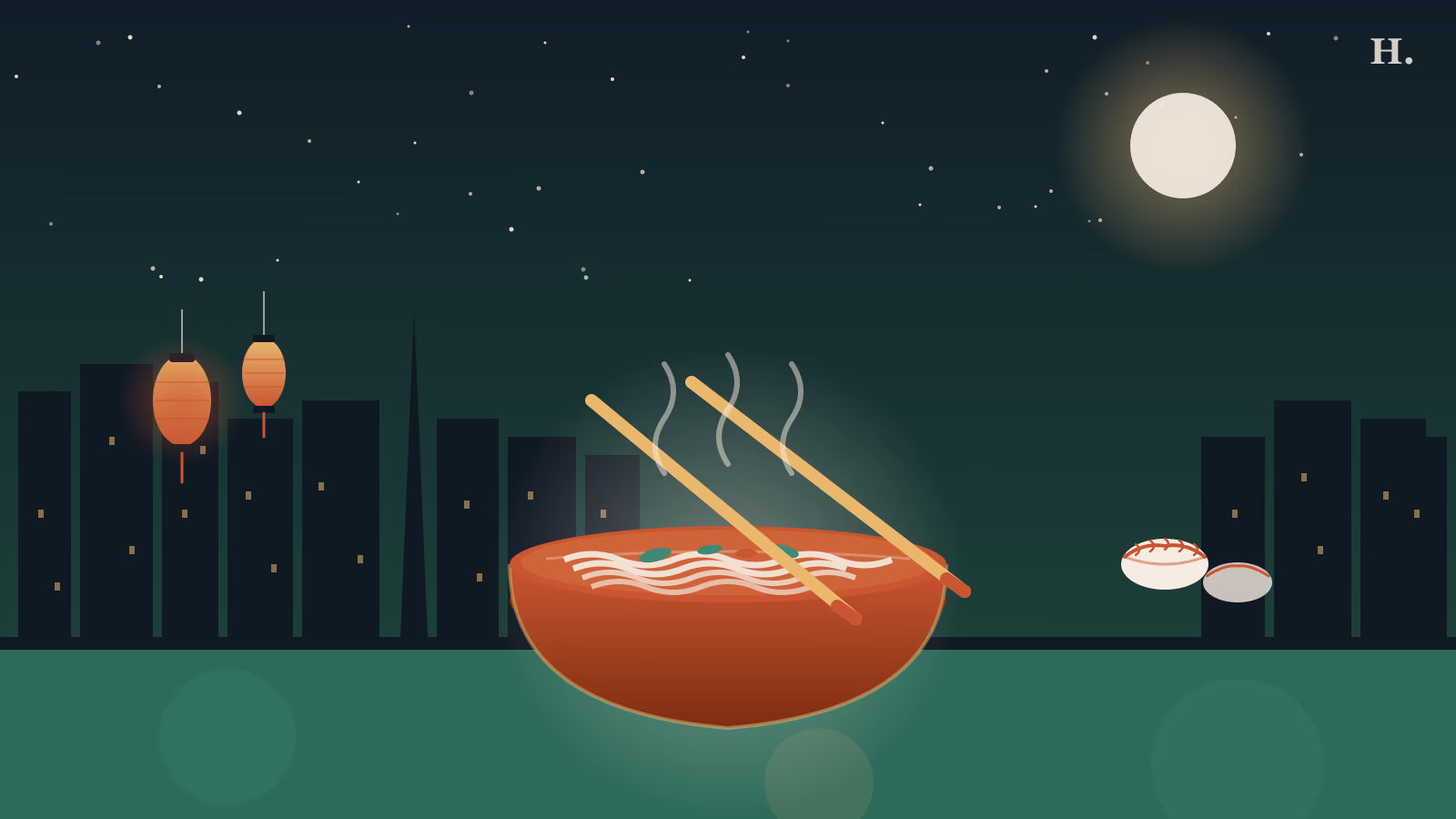 Best Asian restaurants in The Woodlands TX illustration: chopsticks, noodle bowl, lanterns and night sky