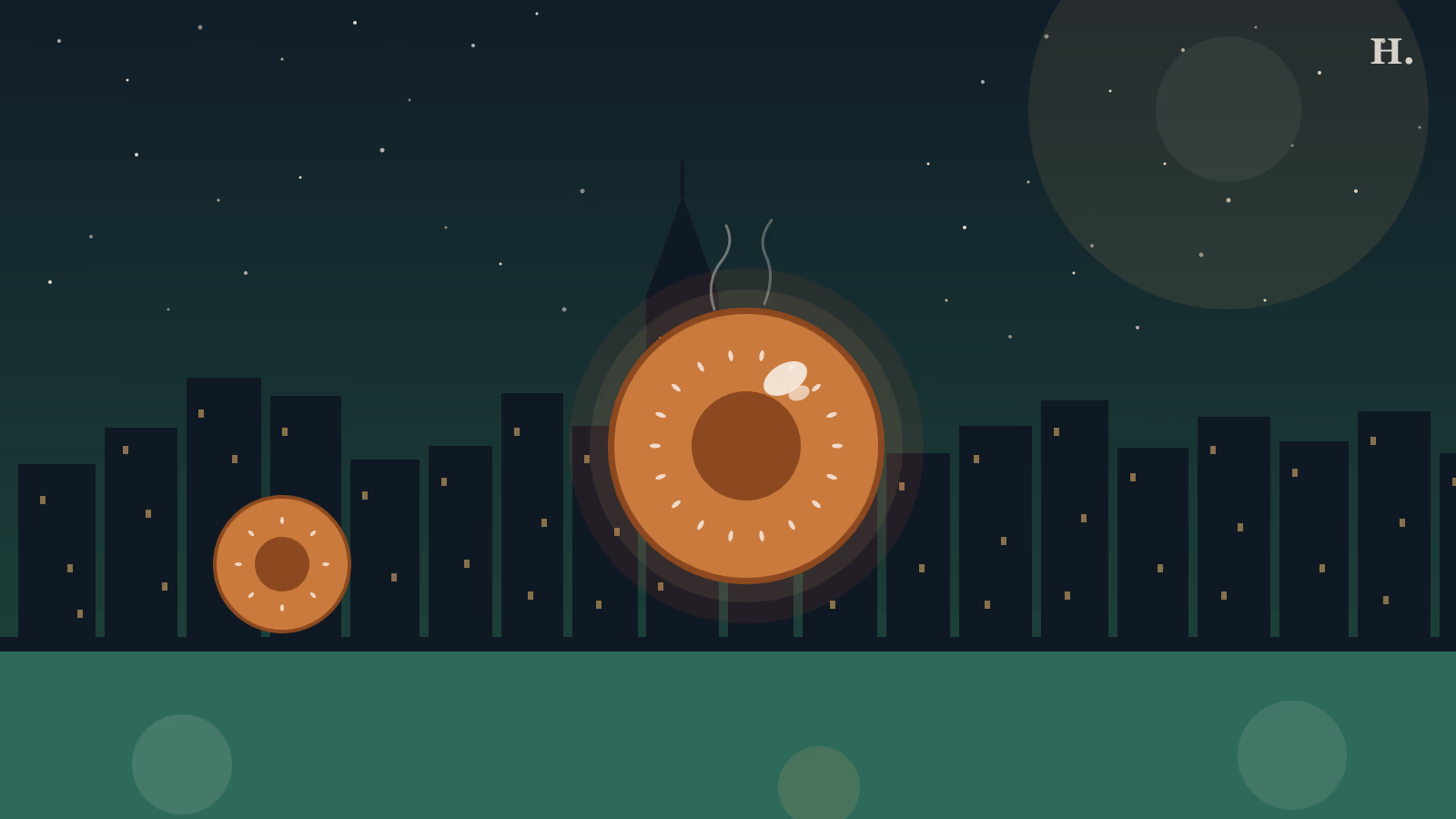 Night city illustration of two toasted bagels with sesame seeds and cream cheese against the Houston skyline