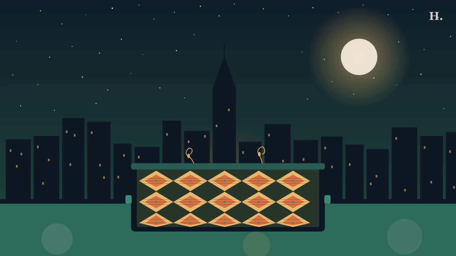 Tray of diamond-cut baklava pastries in gold and burnt orange against the Houston night skyline