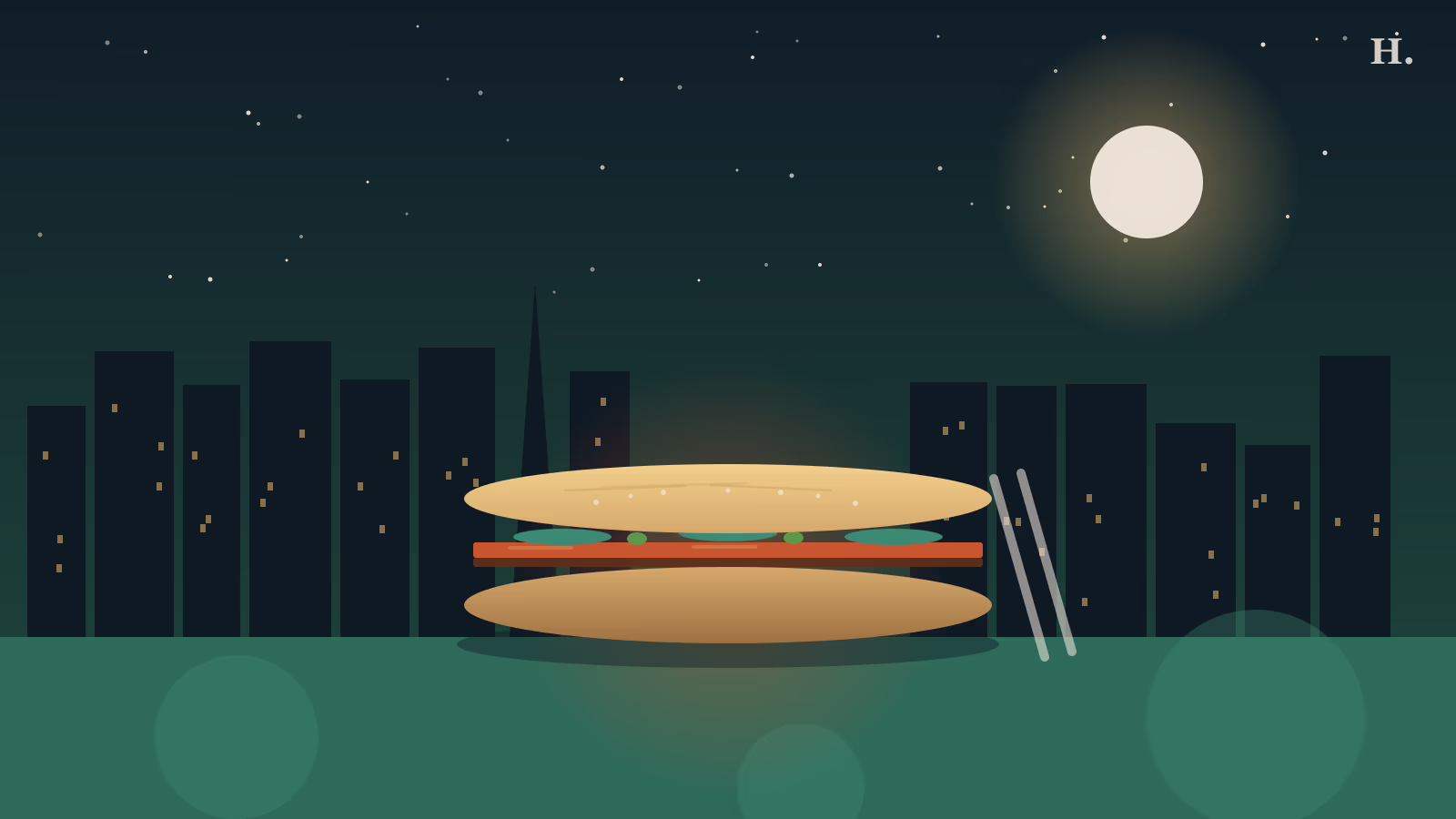 Best banh mi in Houston illustration: Vietnamese baguette sandwich with herbs and pickled vegetables against the night skyline