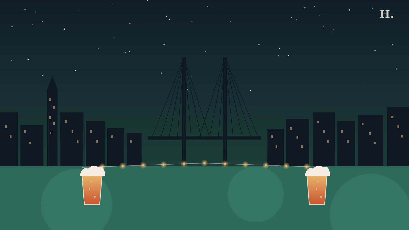 Best bars in Baytown TX at night: Fred Hartman Bridge silhouette and two pint glasses