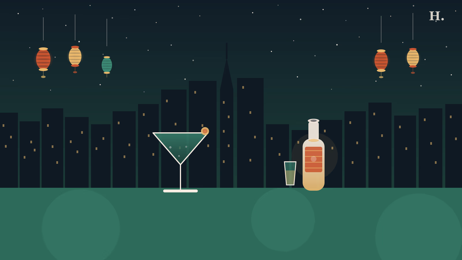 Bars chinatown Houston illustration: sake bottle, cocktail glass, and paper lanterns over Houston skyline at night