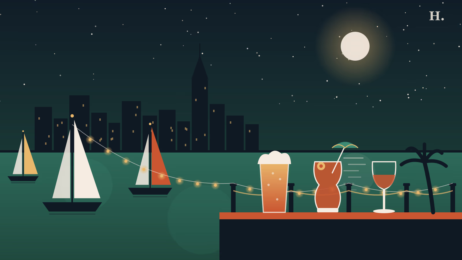 Bars in Clear Lake illustration: sailboats, string lights and drinks on a marina pier at night