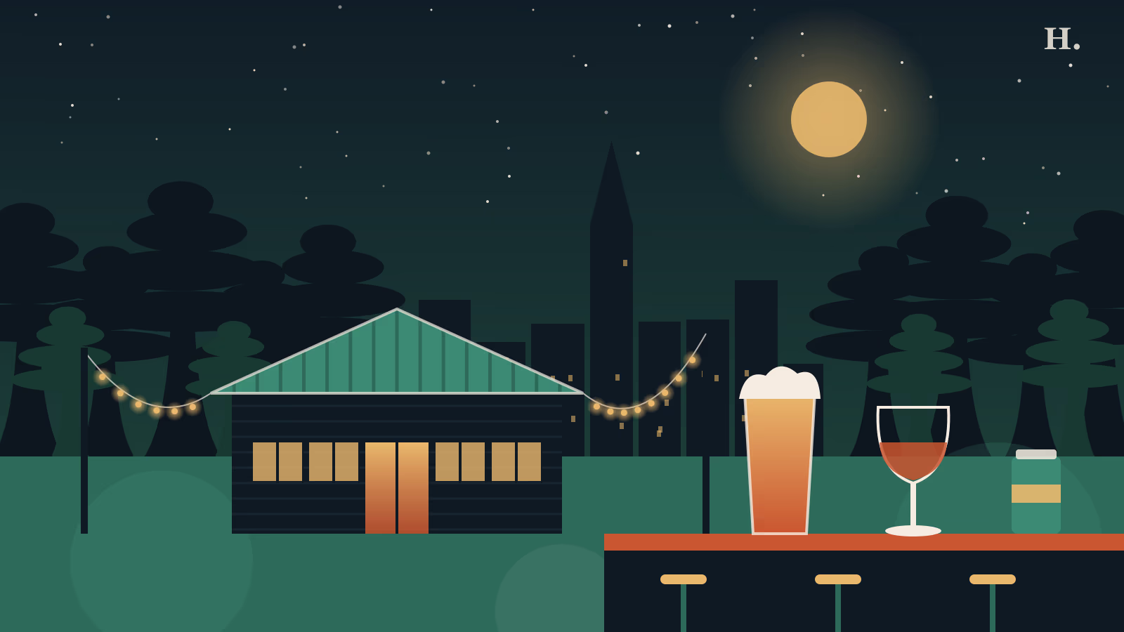 Bars in Cypress illustration: tin-roof dance hall, string lights, cypress trees, beer and wine at night