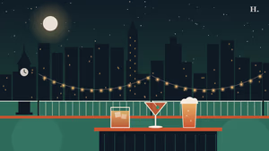 Bars in Downtown Houston illustration: rooftop bar with string lights, whiskey and cocktail glasses below the skyline