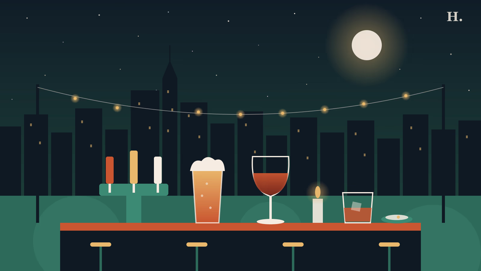 Bars in Fulshear illustration: wine glass, beer tap handles and patio string lights at night