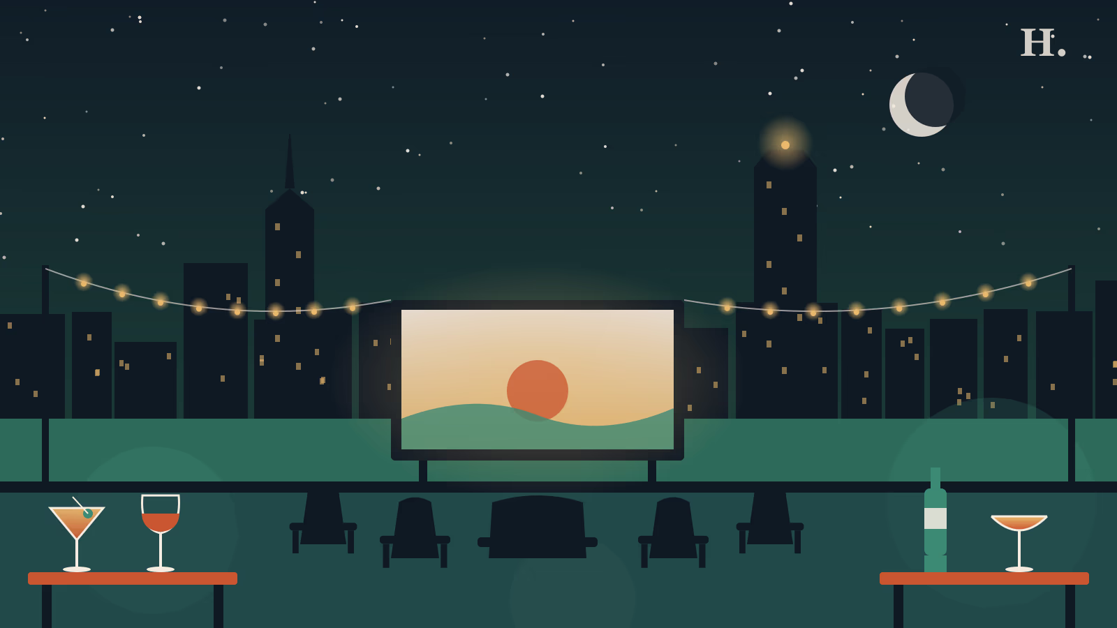 Bars in Galleria and Uptown illustration: skyline, Williams Tower, rooftop screen and cocktail glasses