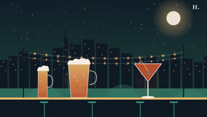 Best bars in Humble TX illustration: pint glass and cocktail glass under string lights against Houston night skyline