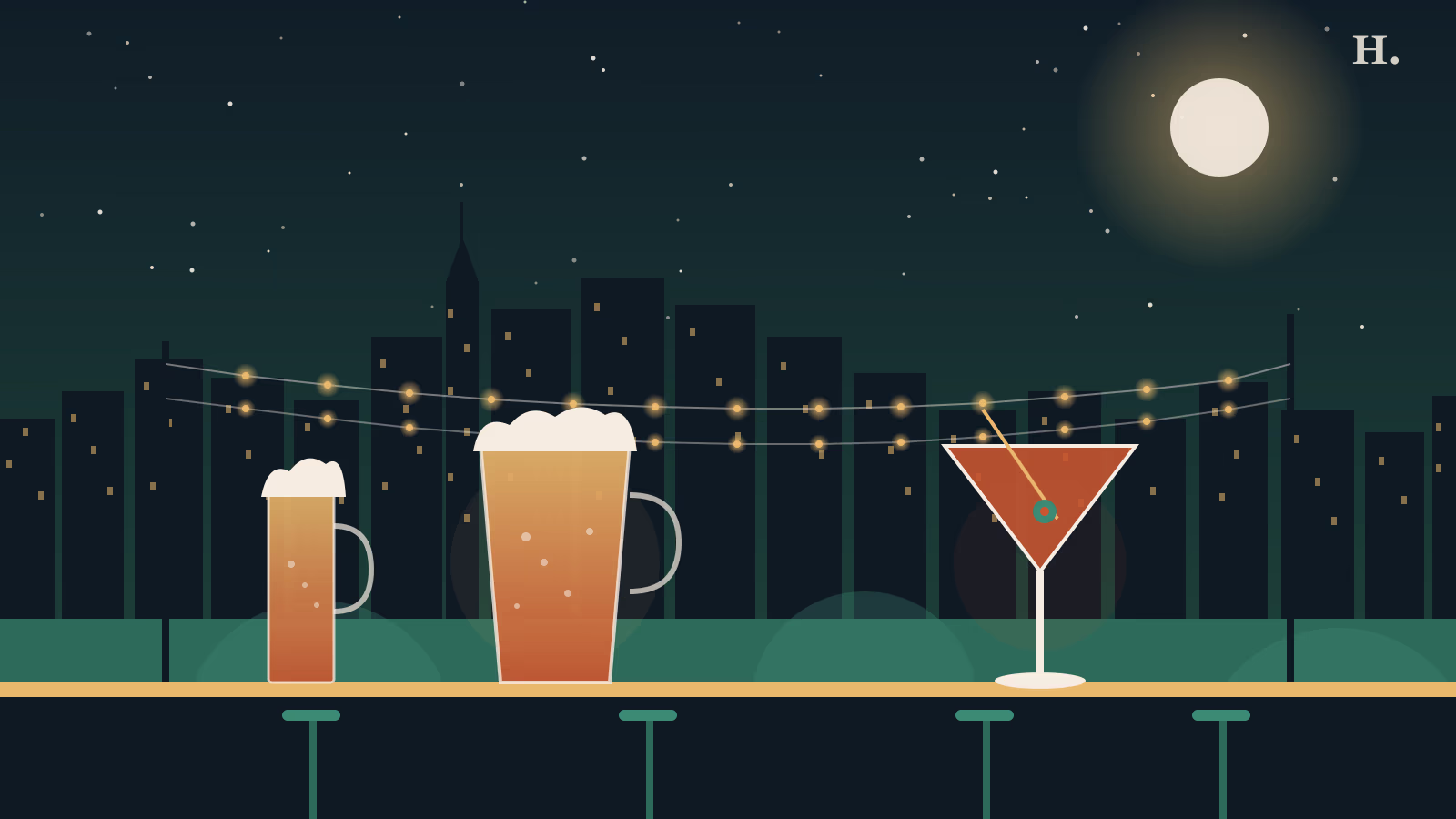Best bars in Humble TX illustration: pint glass and cocktail glass under string lights against Houston night skyline
