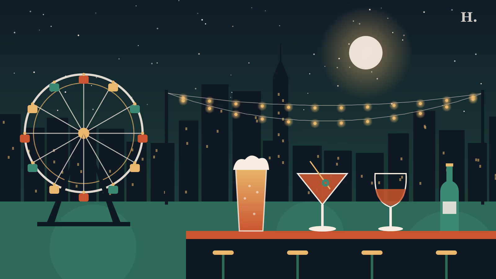 Best bars in Houston illustration: Ferris wheel, string lights, pint, cocktail and wine glasses at night