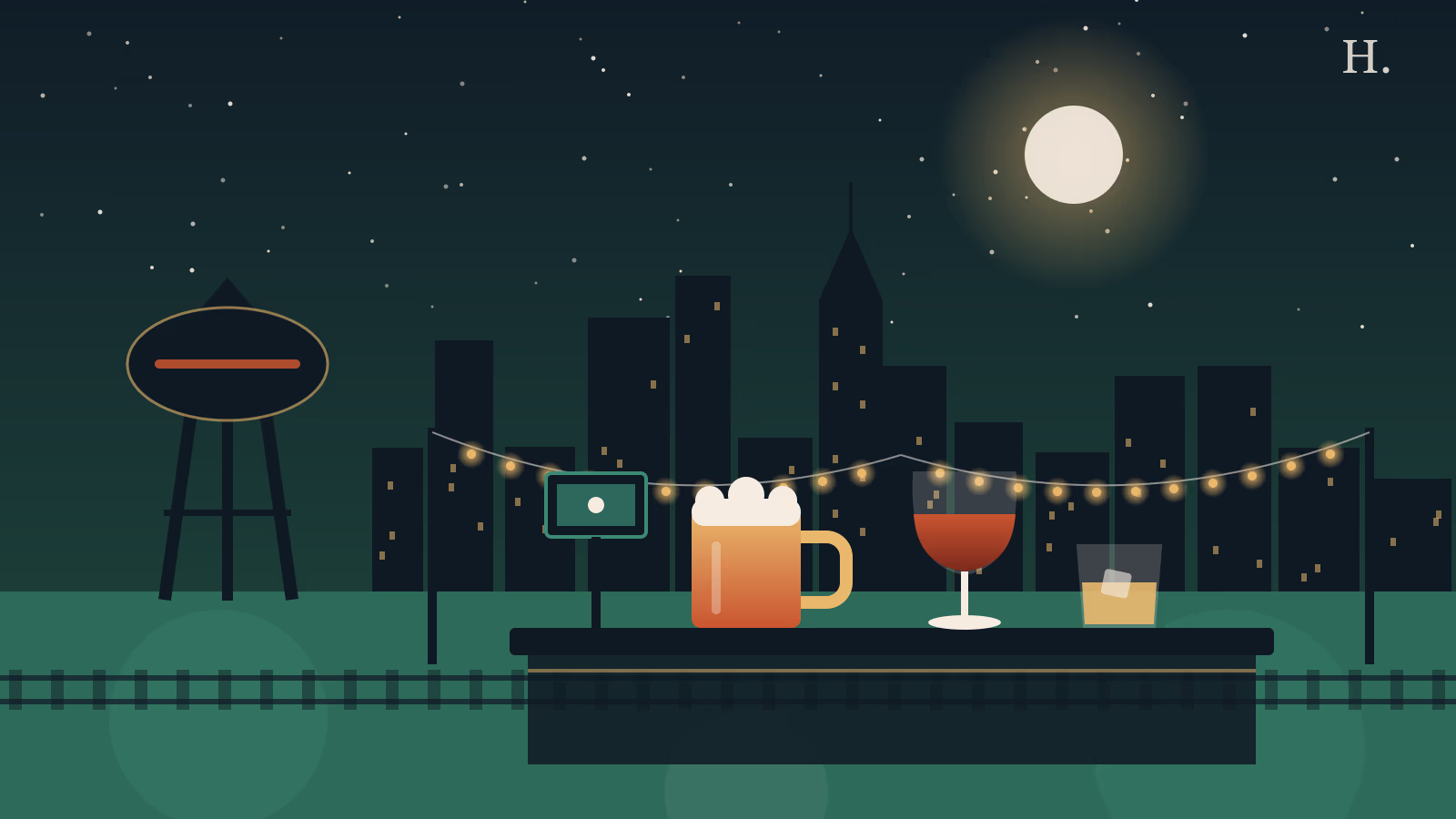 Bars in Katy illustration: water tower, string lights, beer, wine and whiskey glasses at night