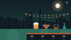 Best bars in Kingwood TX illustration: pint glass, cocktail and string lights over a night skyline