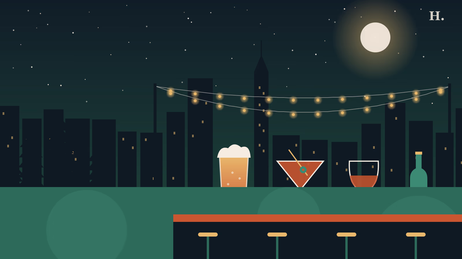 Best bars in Kingwood TX illustration: pint glass, cocktail and string lights over a night skyline